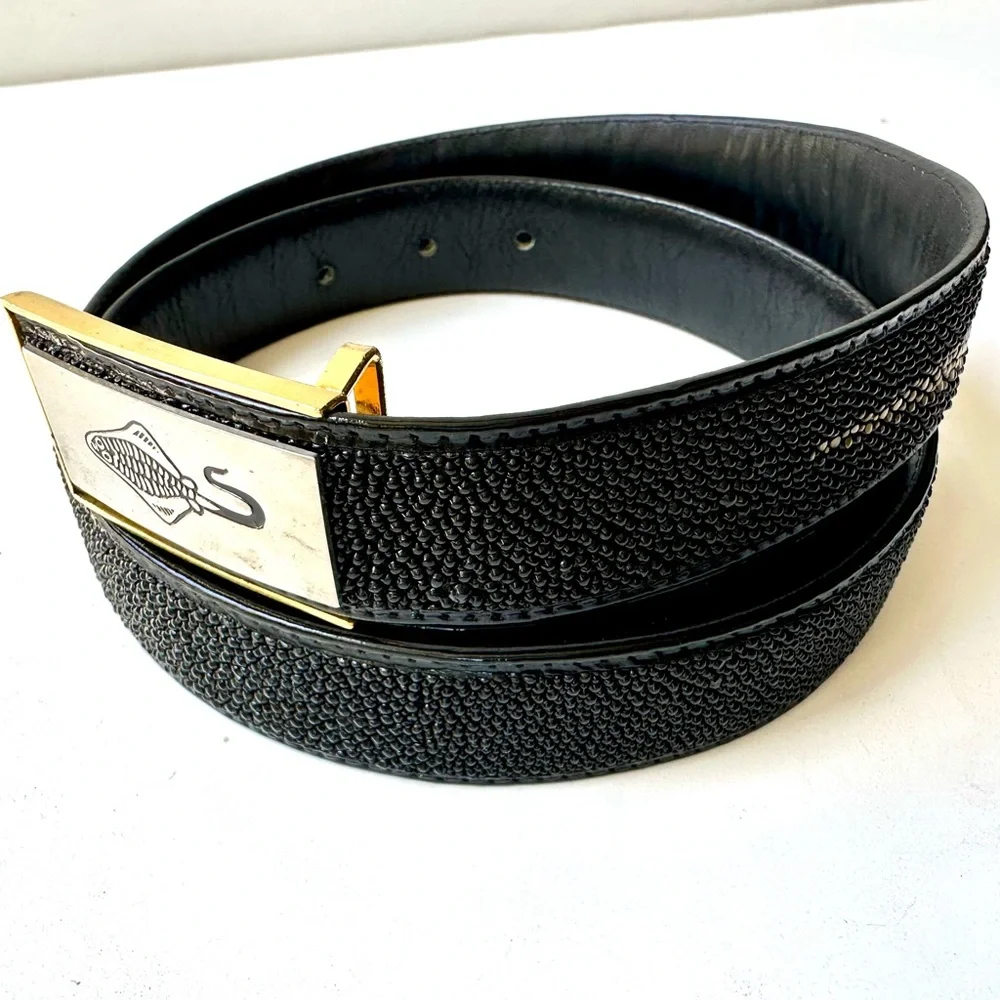 Stingray Skin Black Textured Belt with Gold & Silver Buckle 34” Unisex